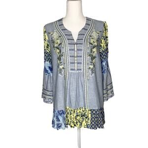 Coldwater Creek  Blue Green Yellow Patchwork Embroidered Blouse Top Medium